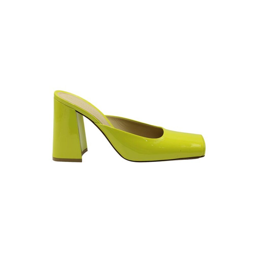 Bottega Veneta Square Toe Block Heel Mules in Neon Green Patent Leather